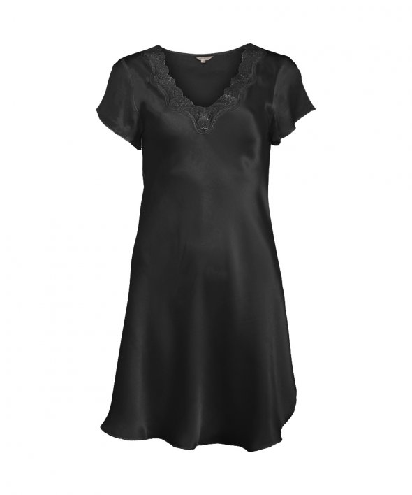 Lady Avenue - Pure Silk Nightgown W/Lace, Short Sleeve