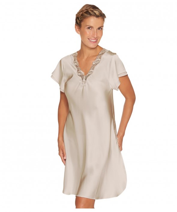 Lady Avenue - Pure Silk Nightgown W/Lace, Short Sleeve