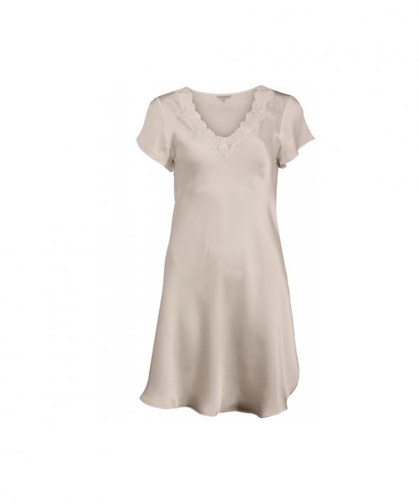 Lady Avenue - Pure Silk Nightgown W/Lace, Short Sleeve