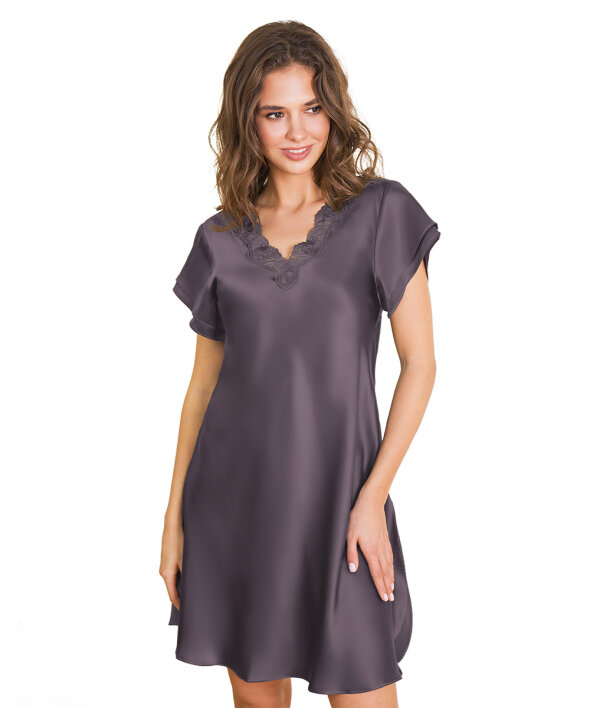 Lady Avenue - Pure Silk Nightgown W/Lace, Short Sleeve