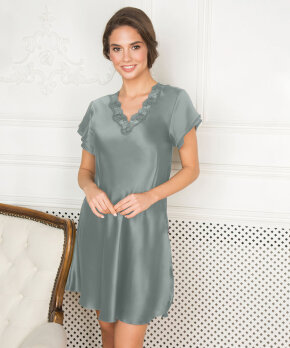 Lady Avenue - Pure Silk Nightgown W.Lace, Short Sleeve
